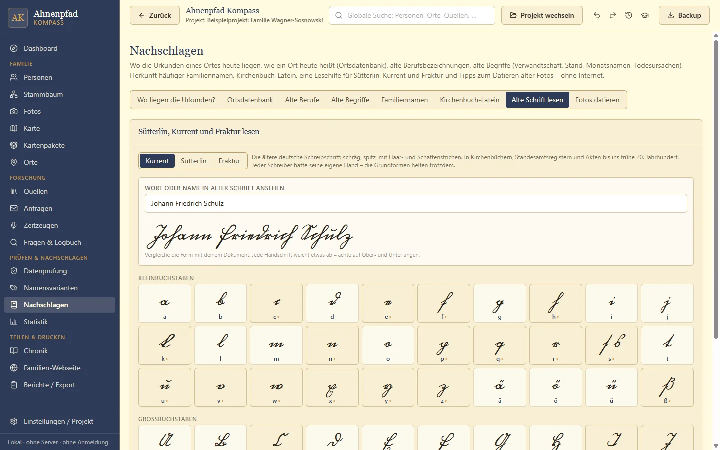 Lesehilfe für Kurrent, Sütterlin und Fraktur: Namen eintippen und in alter Schrift sehen – dazu jeder Buchstabe einzeln